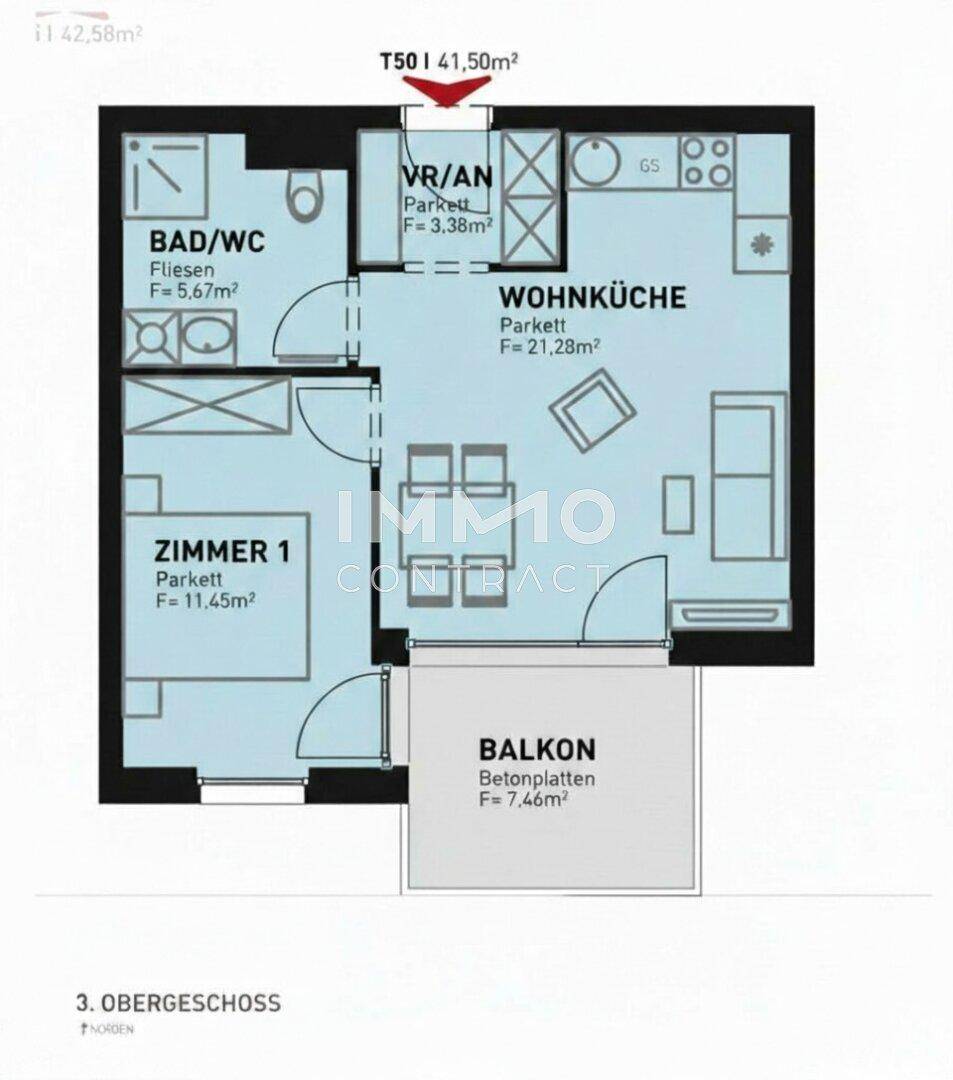 Grundriss einer Wohnung mit Wohnküche, Zimmer, Bad/WC und Balkon im 3. Obergeschoss.