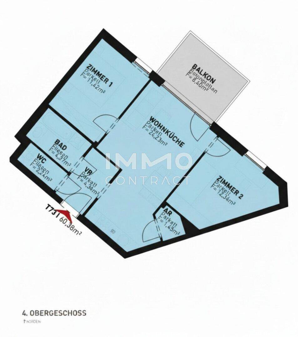 Grundriss einer Wohnung im 4. Obergeschoss mit zwei Zimmern, Wohnküche und Balkon.