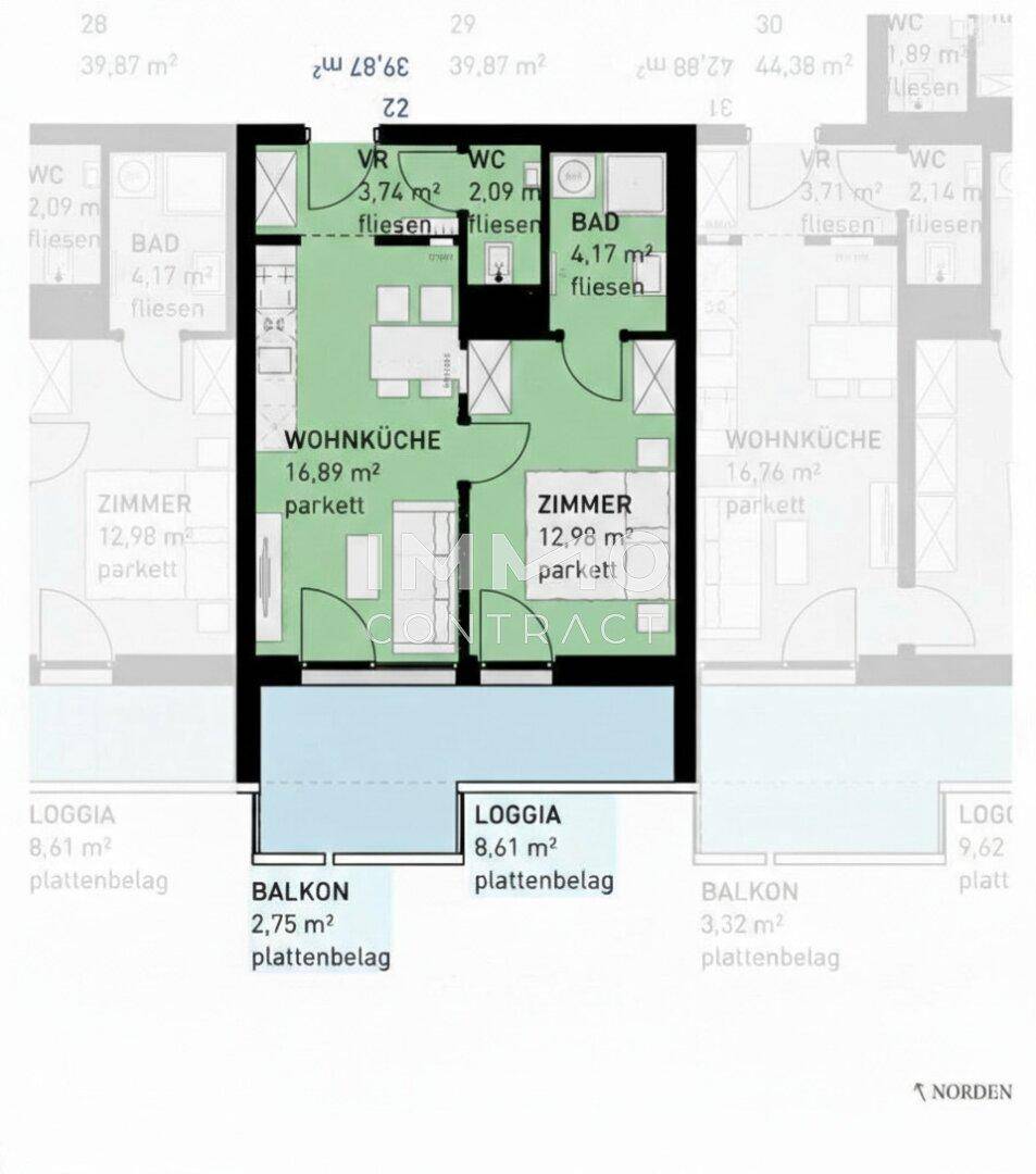 Grundriss einer Wohnung mit Wohnküche, zwei Zimmern, Bad und Balkon.