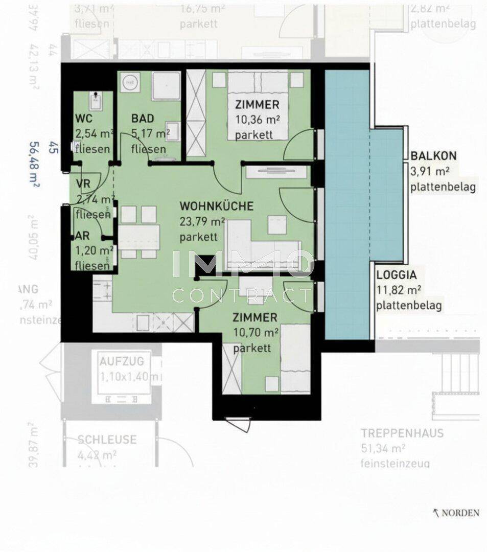 Detaillierter Grundriss einer Wohnung mit Balkon, Loggia und separatem WC.