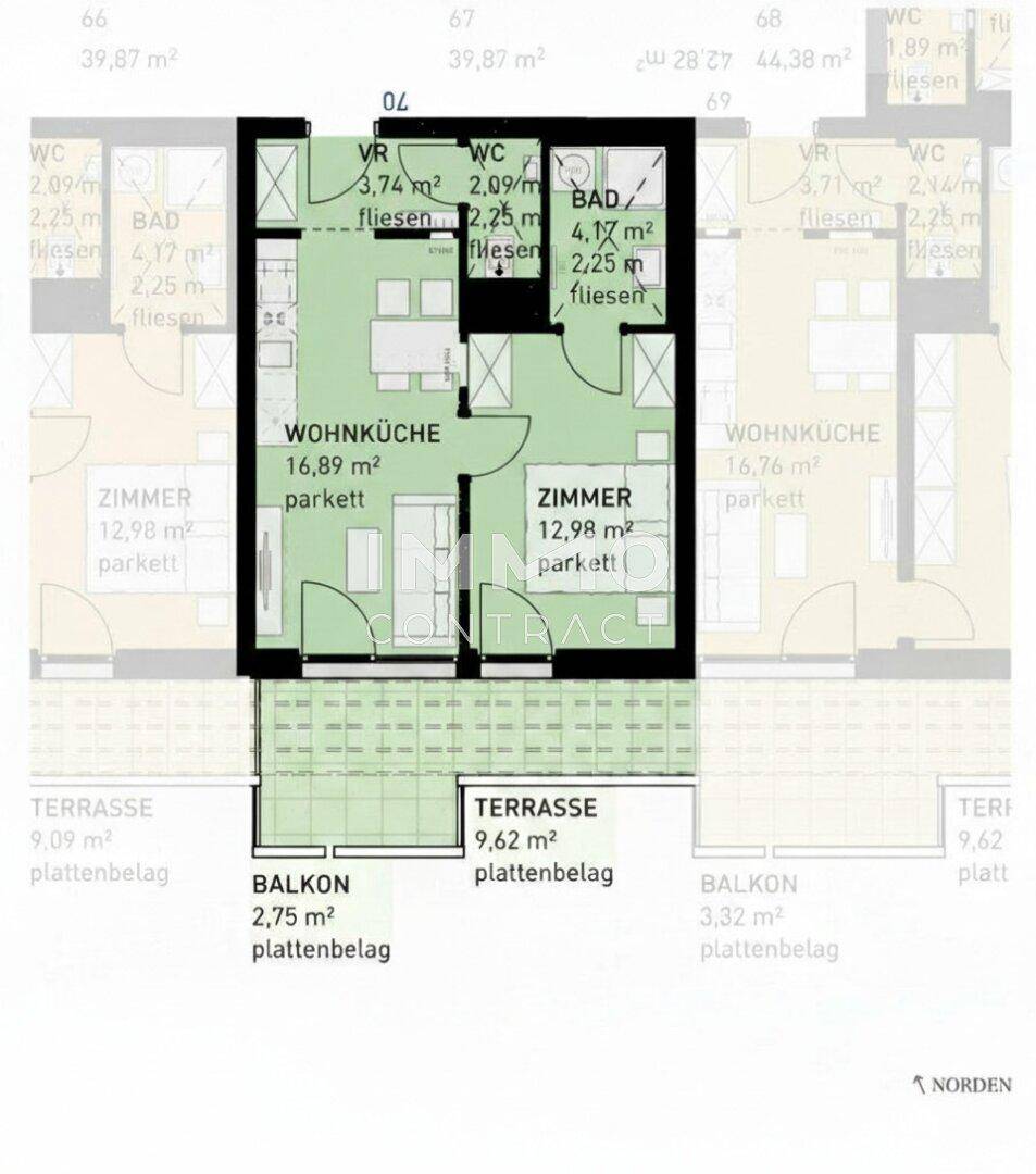 Grundriss einer Wohnung mit Wohnküche, zwei Zimmern, einem Bad und zwei Terrassen.