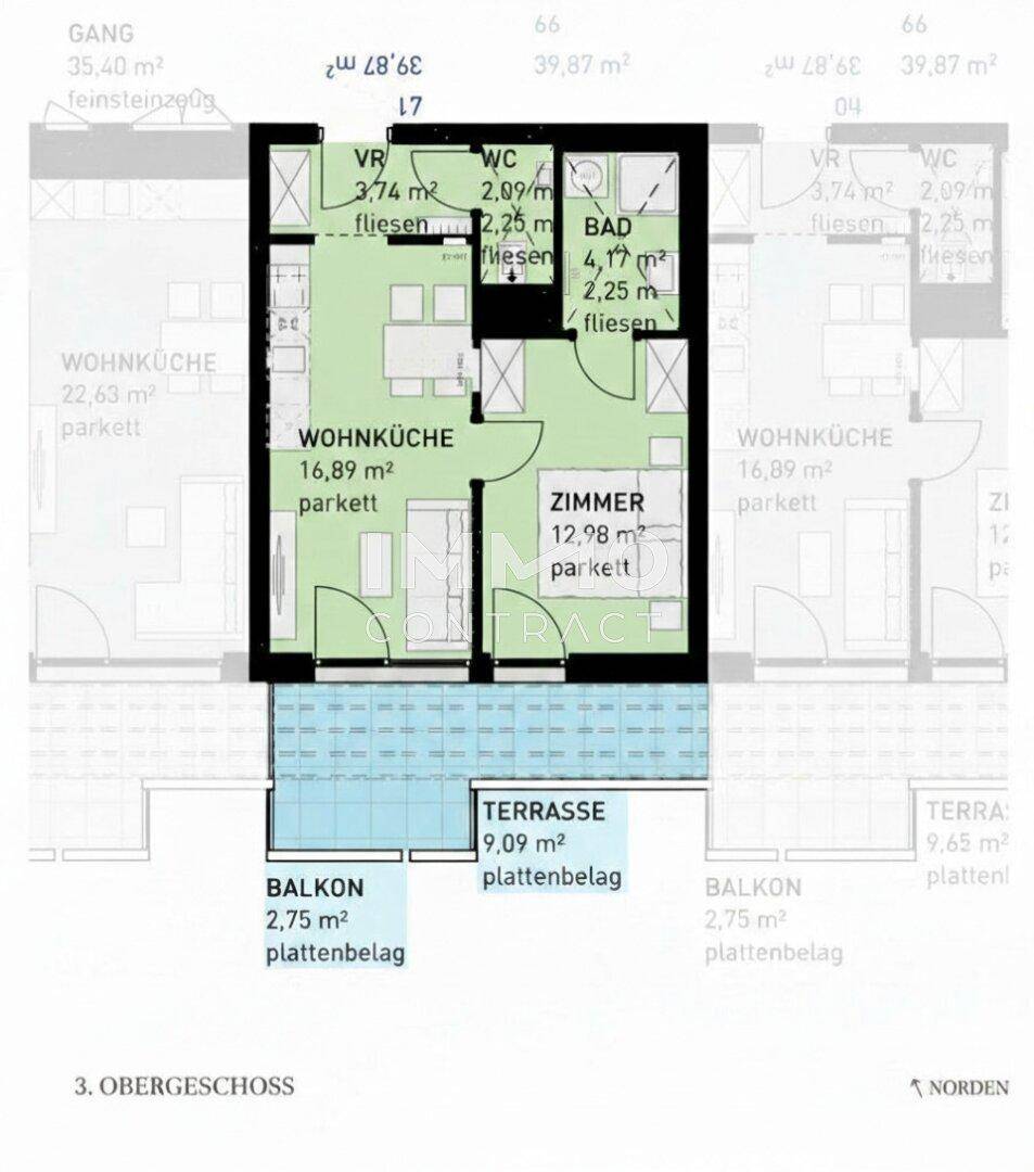 Grundriss einer Wohnung mit Wohnküche, Zimmer, Bad, WC, Balkon und Terrasse im Obergeschoss.