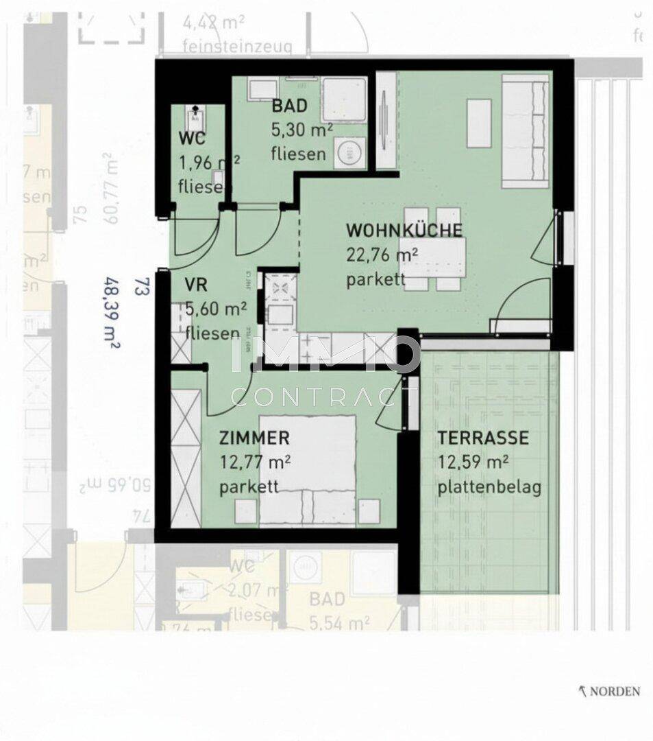 Grundriss einer Wohnung mit Wohnküche, Schlafzimmer, Bad, WC und Terrasse.