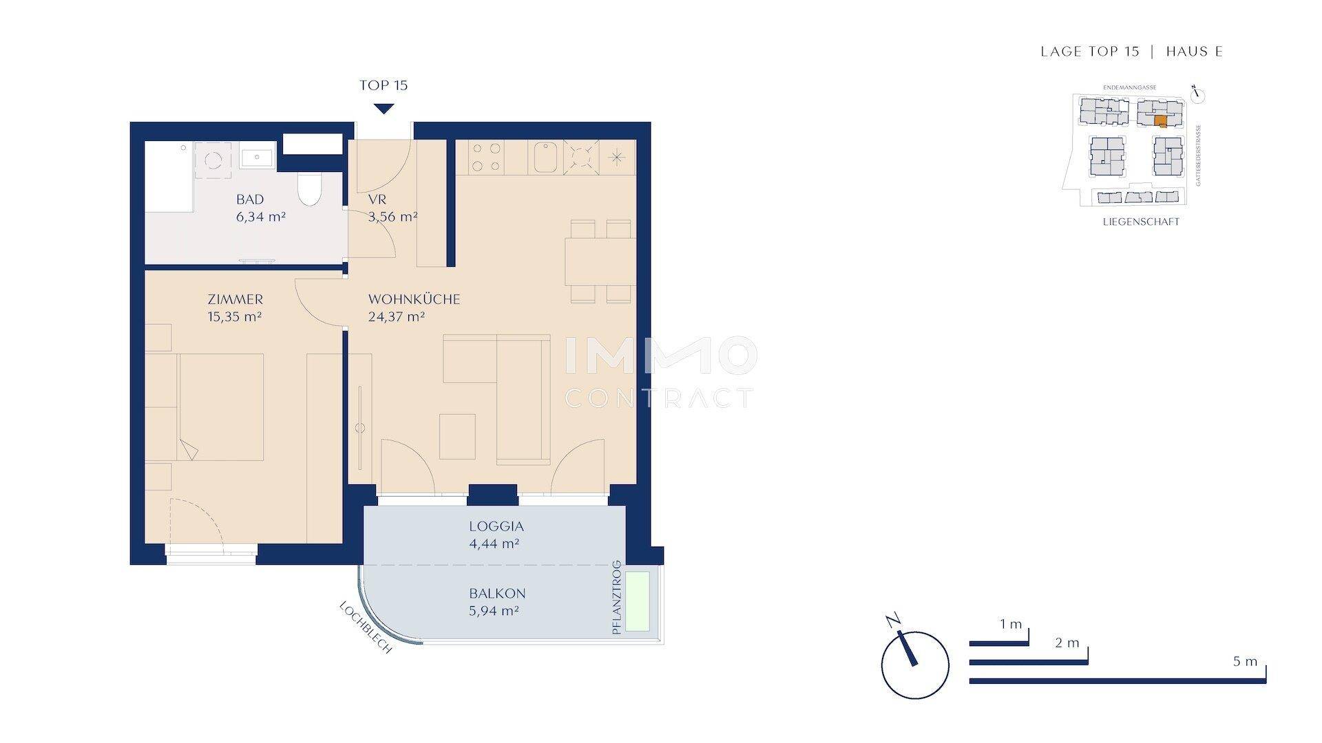 Grundriss einer Wohnung mit offener Wohnküche, einem Schlafzimmer, Bad, Loggia und Balkon.