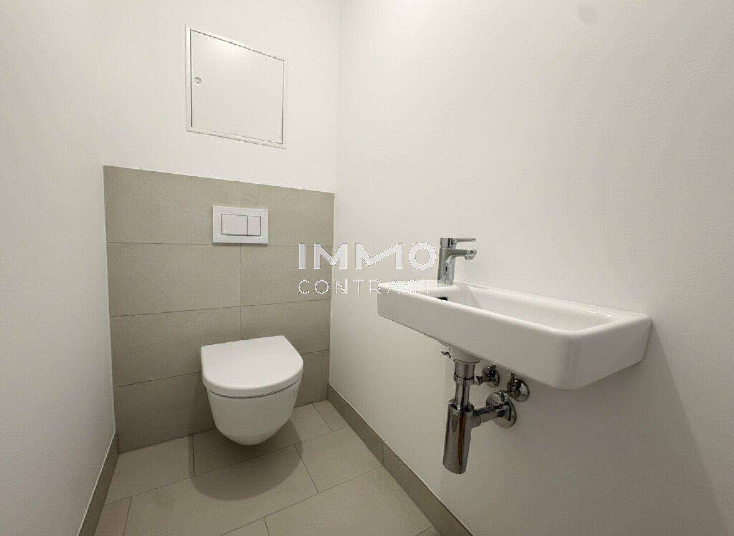 Kleines Gäste-WC mit wandhängender Toilette und modernem Waschbecken.
