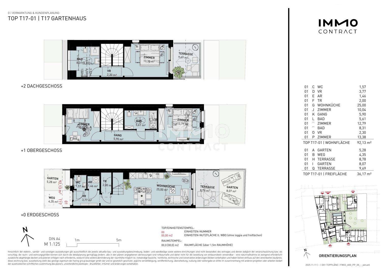Detaillierter Grundriss des Gartenhauses T17-01 über drei Etagen mit Terrassen und Gärten.