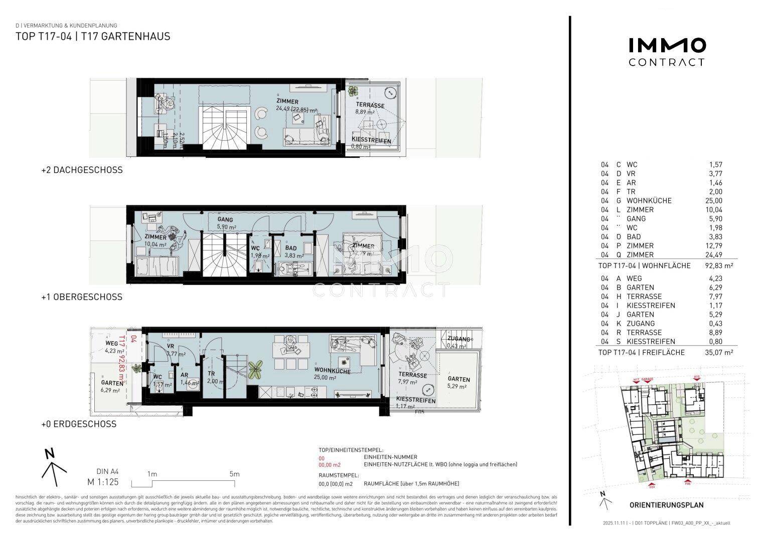 Detaillierter Grundriss eines Gartenhauses über drei Etagen mit Terrassen und Gartenbereichen.
