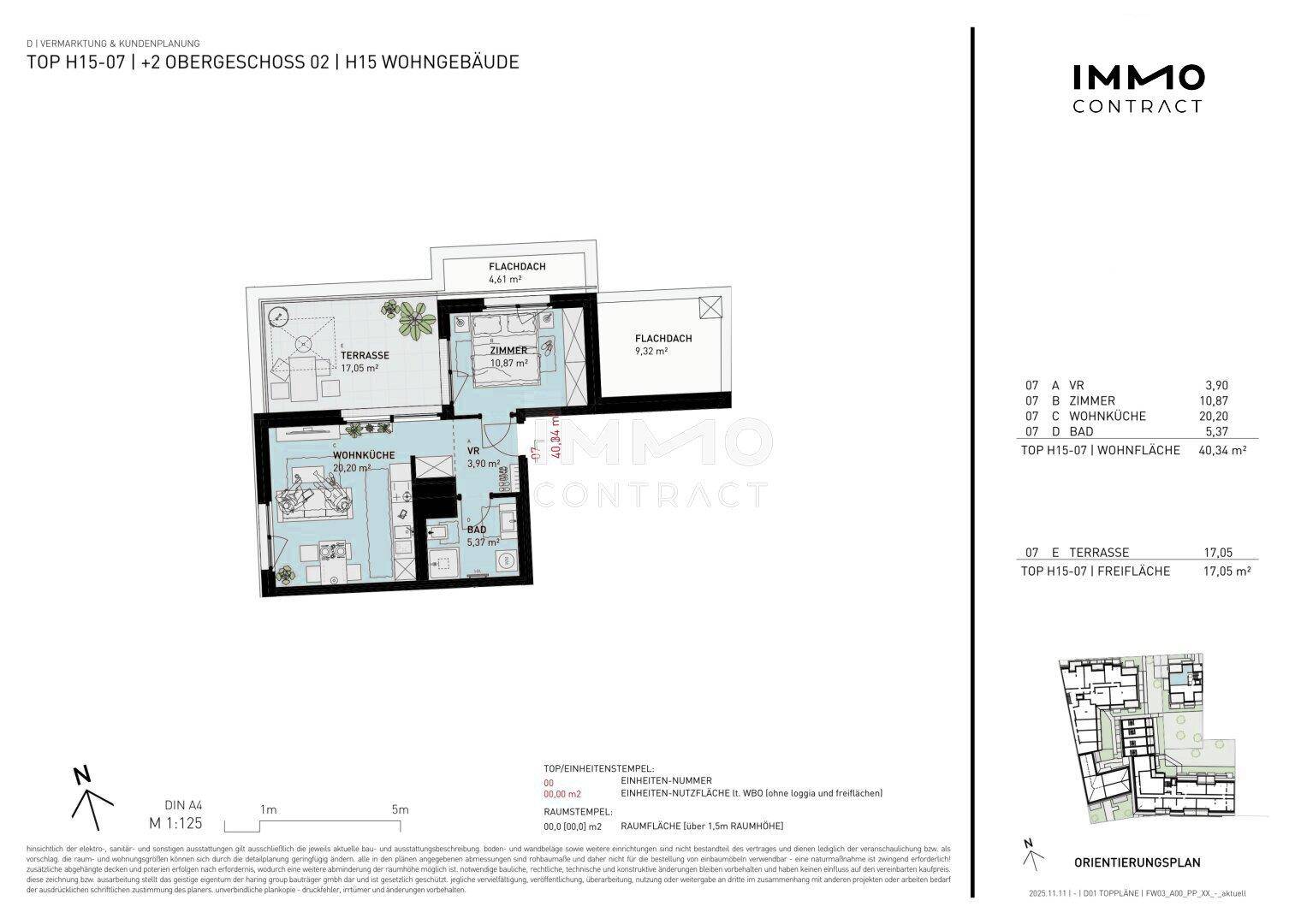 Detaillierter Grundriss einer Wohnung mit offener Wohnküche, Bad und großer Terrasse.