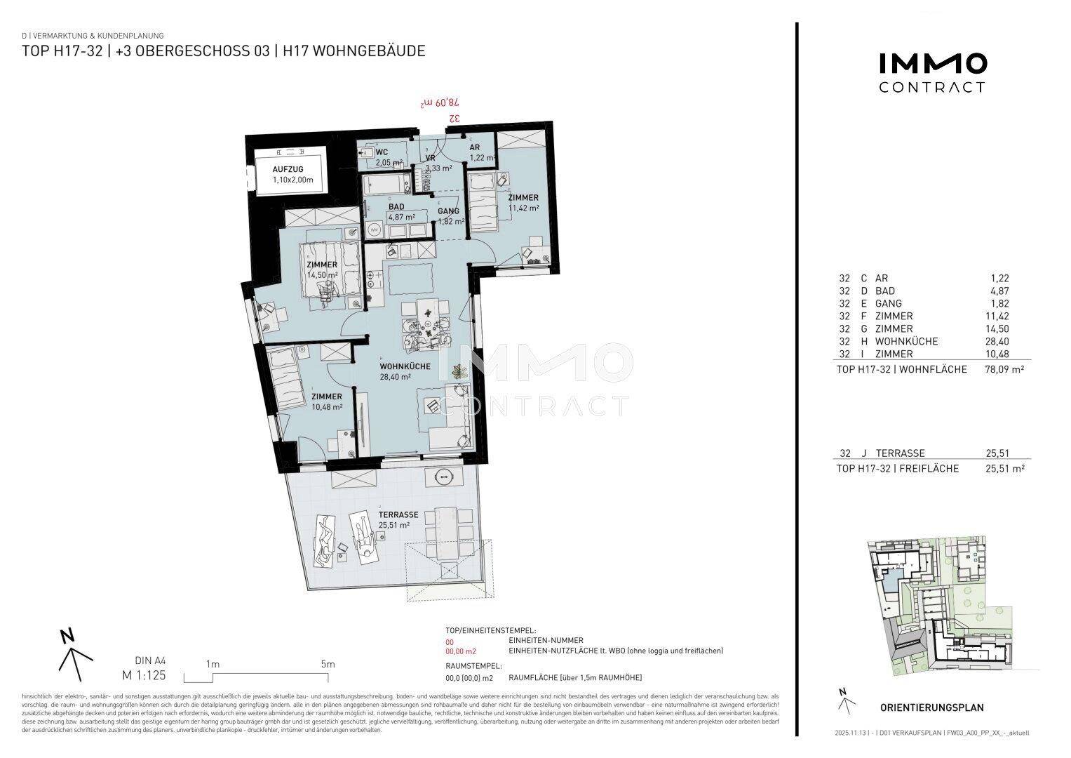 Detaillierter Grundriss einer Wohnung mit Terrasse, Bad, Gäste-WC und Abstellraum.