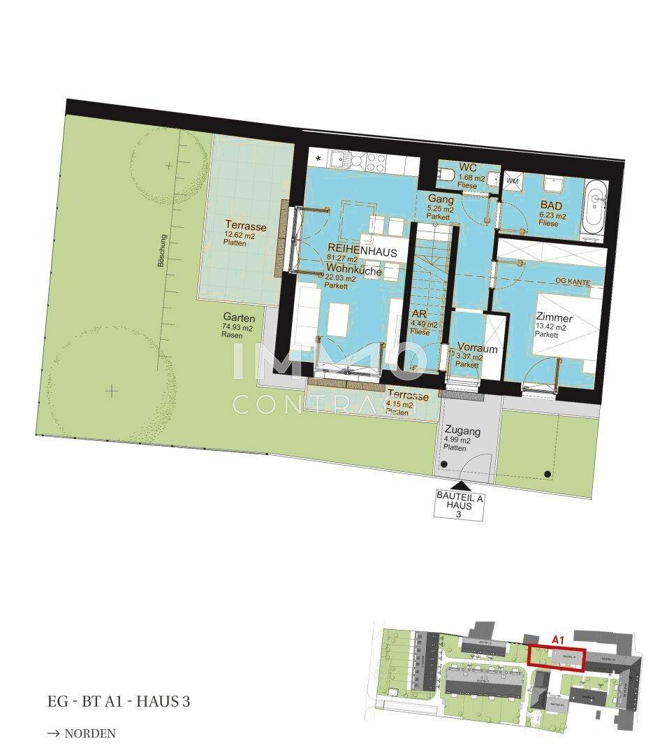 Grundriss des Erdgeschosses mit Wohnküche, Terrasse und Gartenbereich.