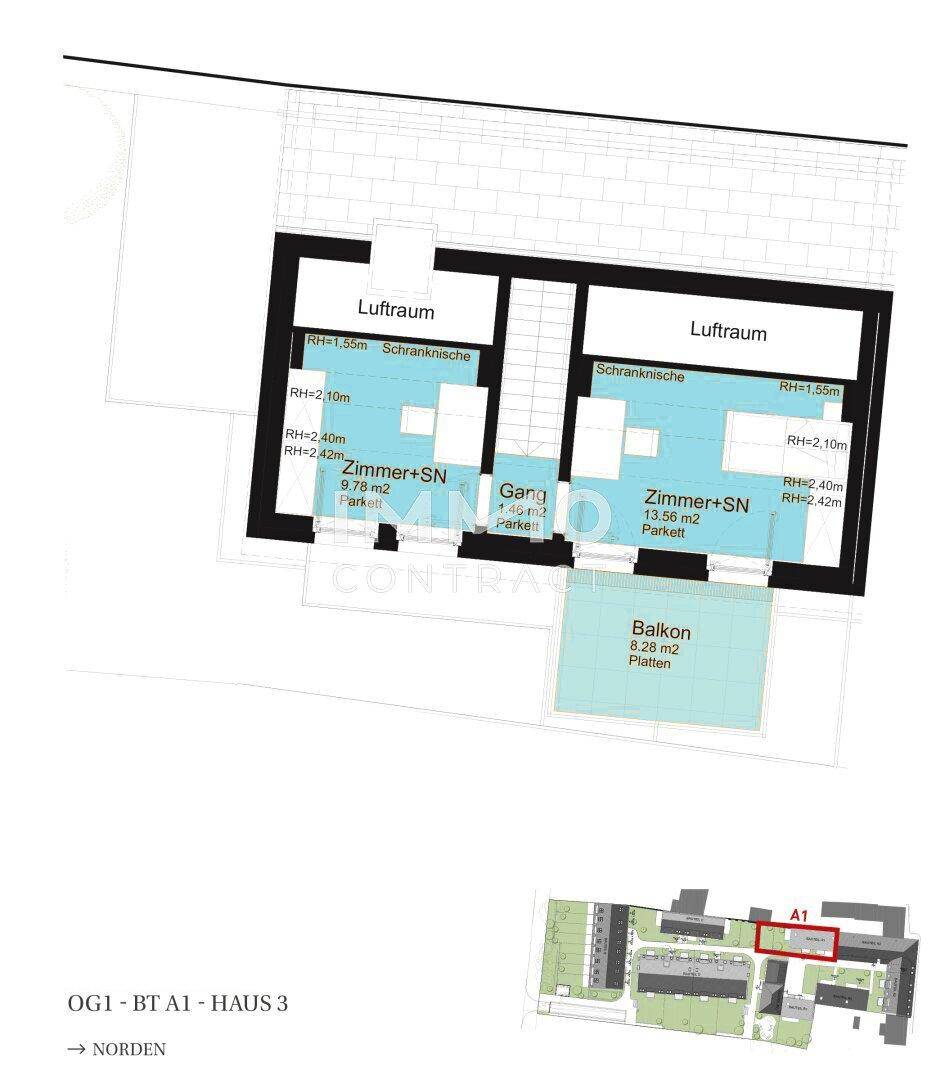 Grundriss des Obergeschosses mit zwei Zimmern, Balkon und Schranknischen.