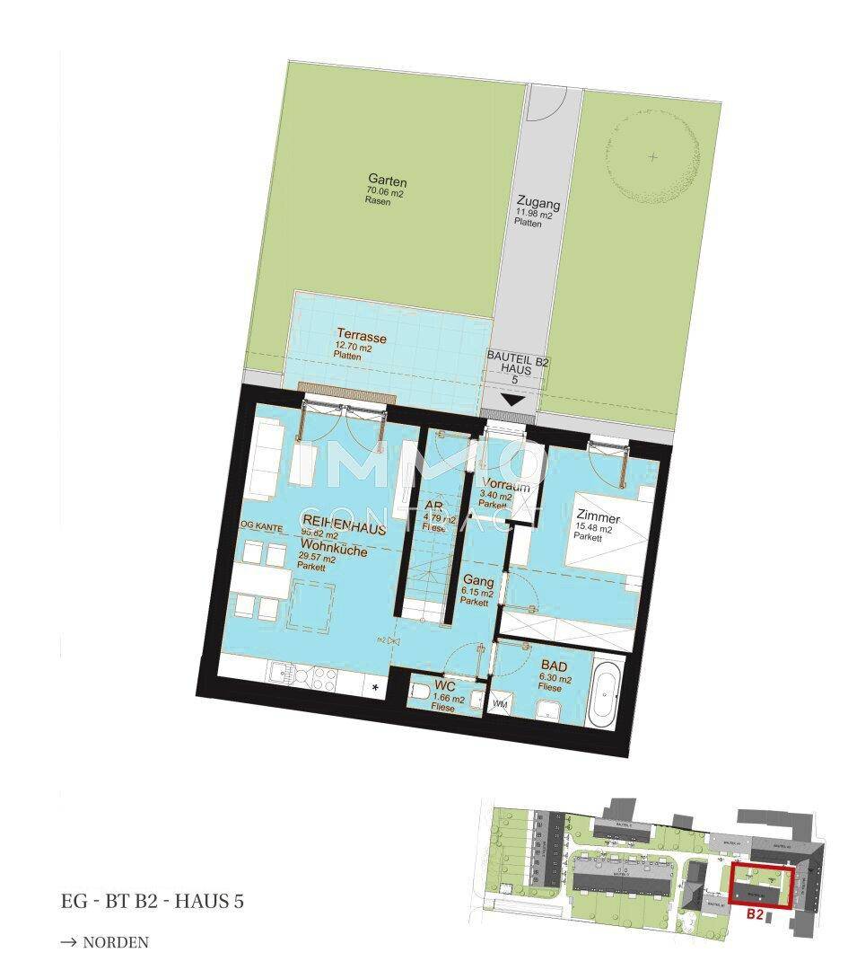 Grundriss des Erdgeschosses mit Wohnküche, Terrasse und Gartenbereich.