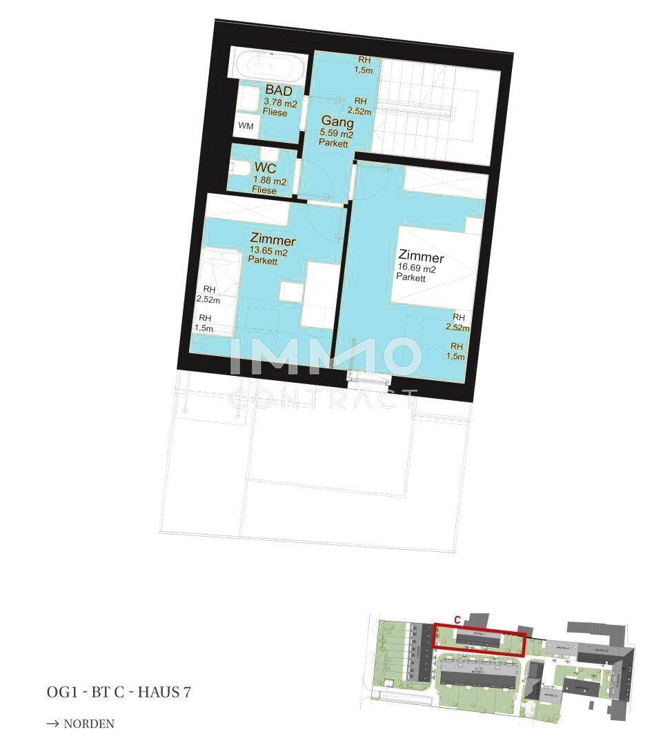 Grundriss des Obergeschosses mit zwei Schlafzimmern, einem Badezimmer und separatem WC.