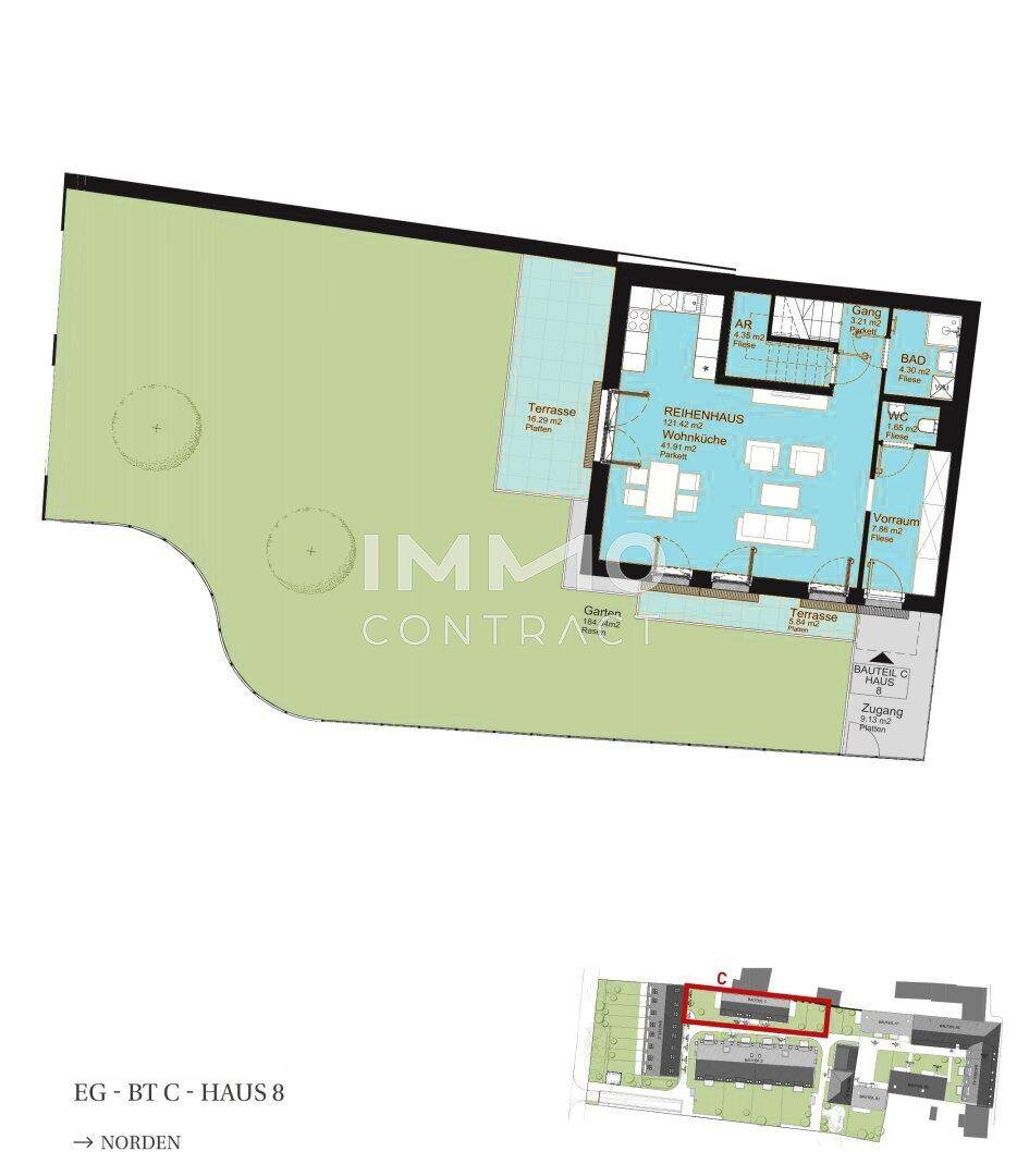 Grundriss des Erdgeschosses mit großem Garten, Terrasse und offenem Wohnbereich.