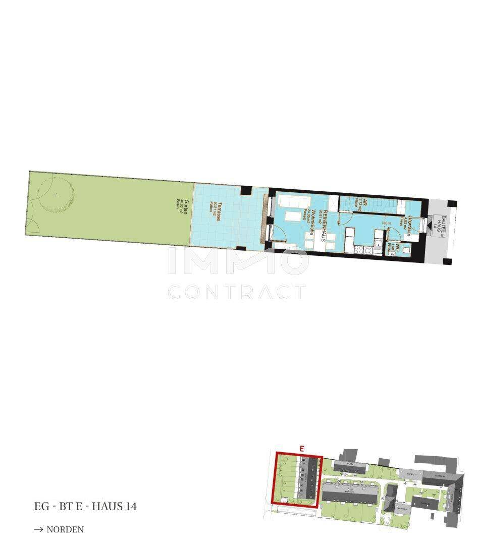 Grundriss des Erdgeschosses mit Wohnbereich, Terrasse und Garten.