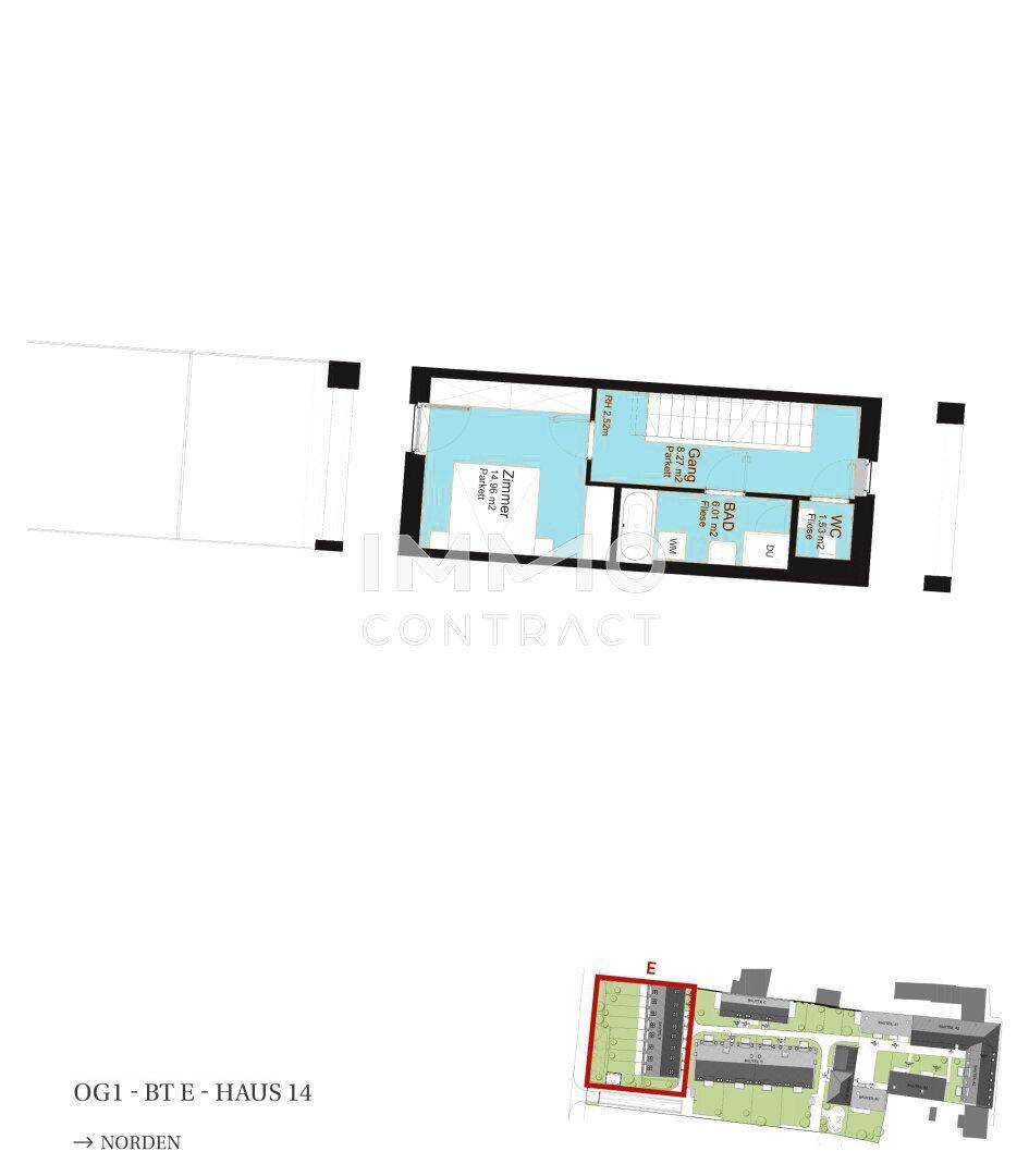 Grundriss des ersten Obergeschosses mit Schlafzimmer, Bad und WC.