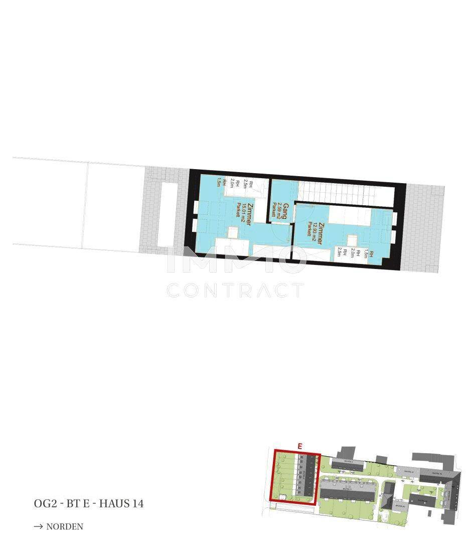 Grundriss des zweiten Obergeschosses mit zwei Zimmern und Flur.