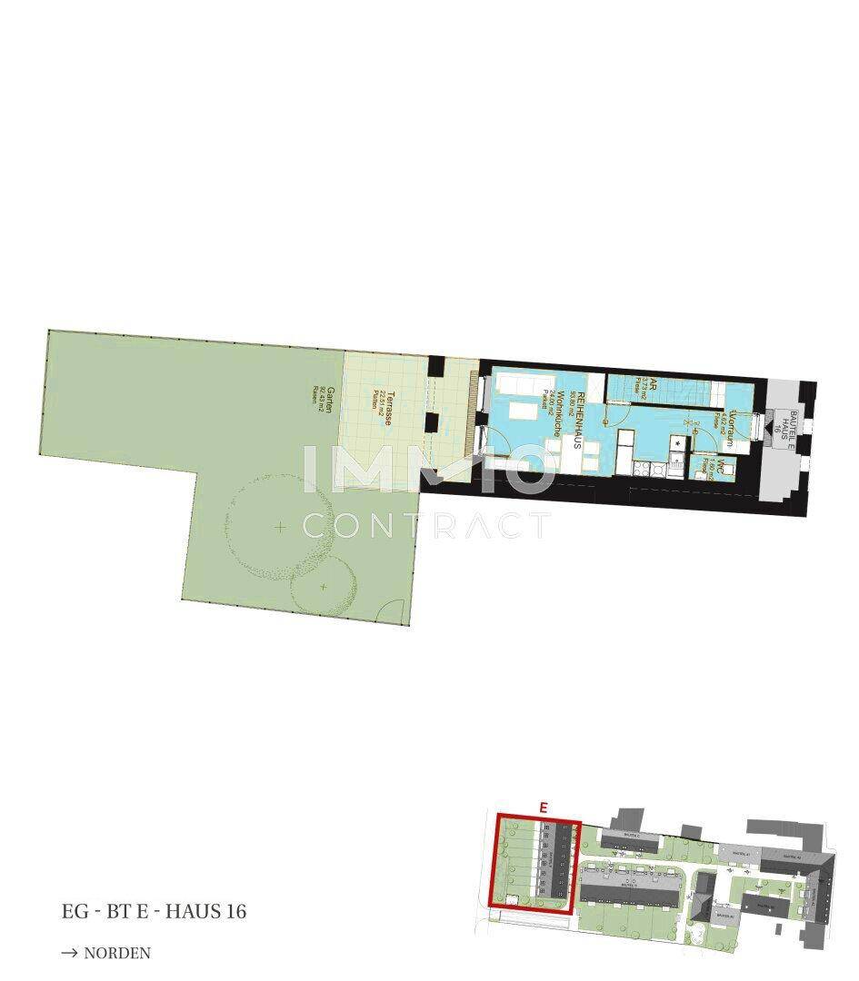 Grundriss des Erdgeschosses mit Garten, Terrasse und offenem Wohnbereich.
