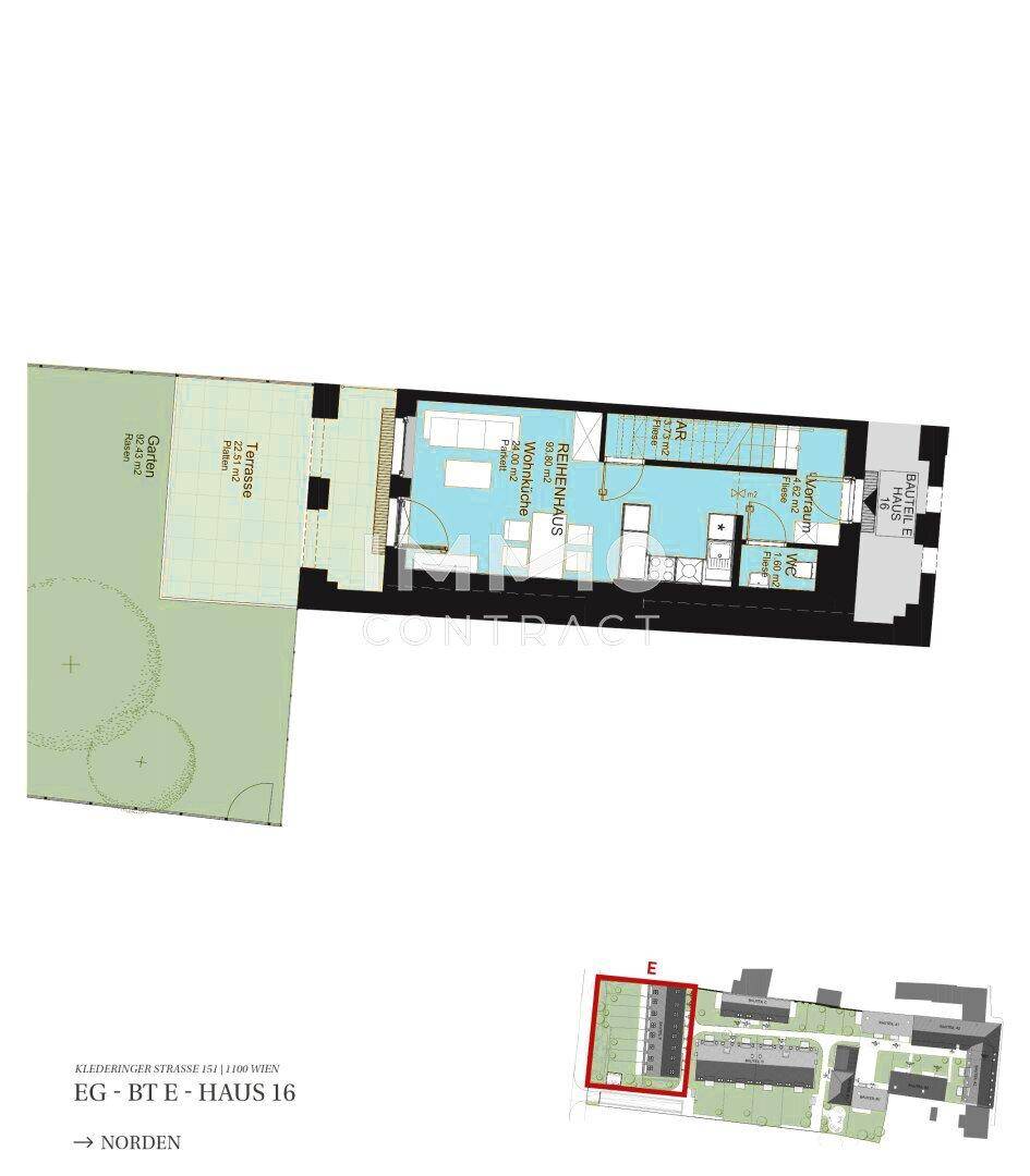 Grundriss des Erdgeschosses mit großem Garten, Terrasse und offenem Wohnbereich.