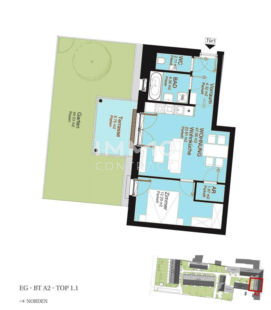 Grundriss einer Wohnung mit Garten, Terrasse, Wohnküche und einem Schlafzimmer.