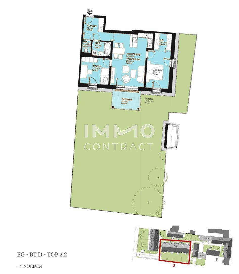 Grundriss einer Erdgeschosswohnung mit Terrasse, Garten und separatem WC.