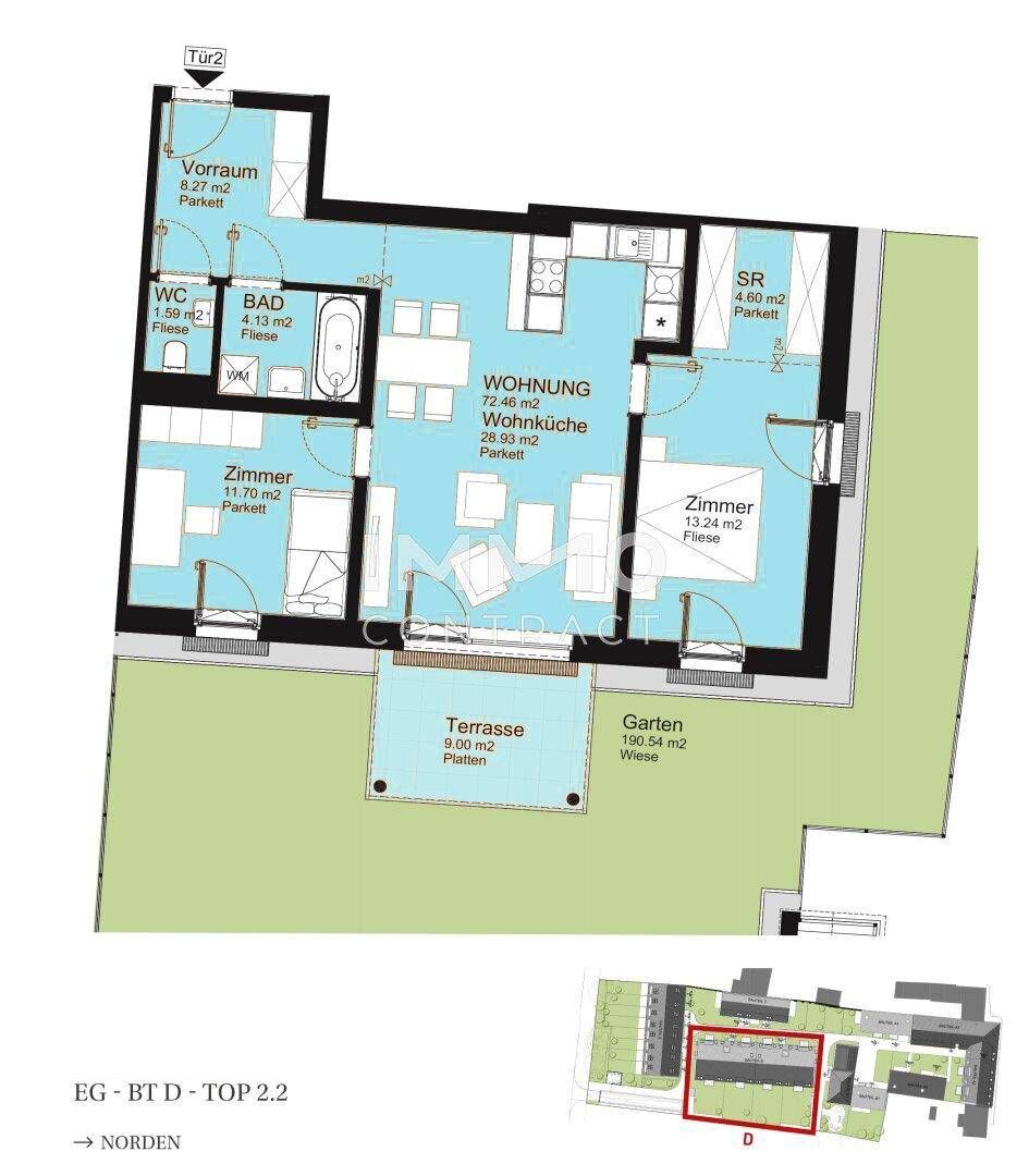 Detaillierter Grundriss einer Erdgeschosswohnung mit großzügiger Terrasse und privatem Garten.