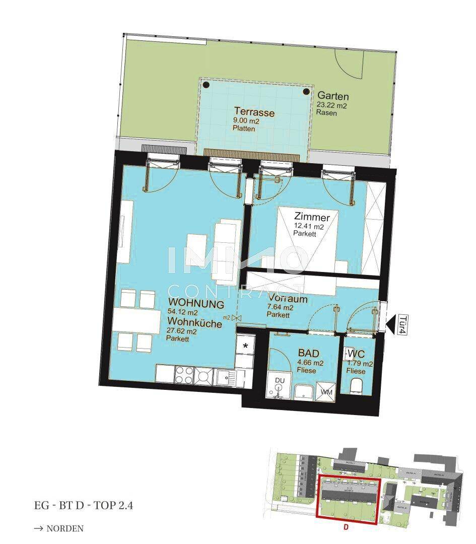 Grundriss einer Wohnung mit Terrasse, Garten und offenem Wohn-Essbereich.