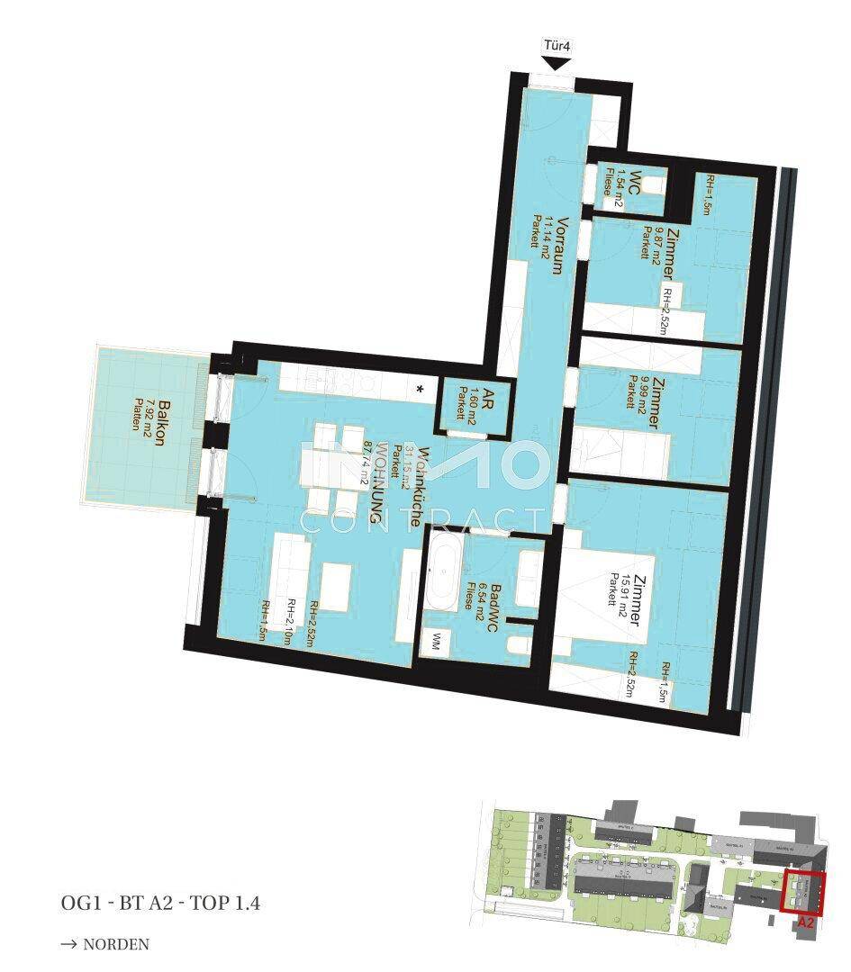 Grundriss einer Wohnung mit Balkon, drei Zimmern und offenem Wohnbereich.