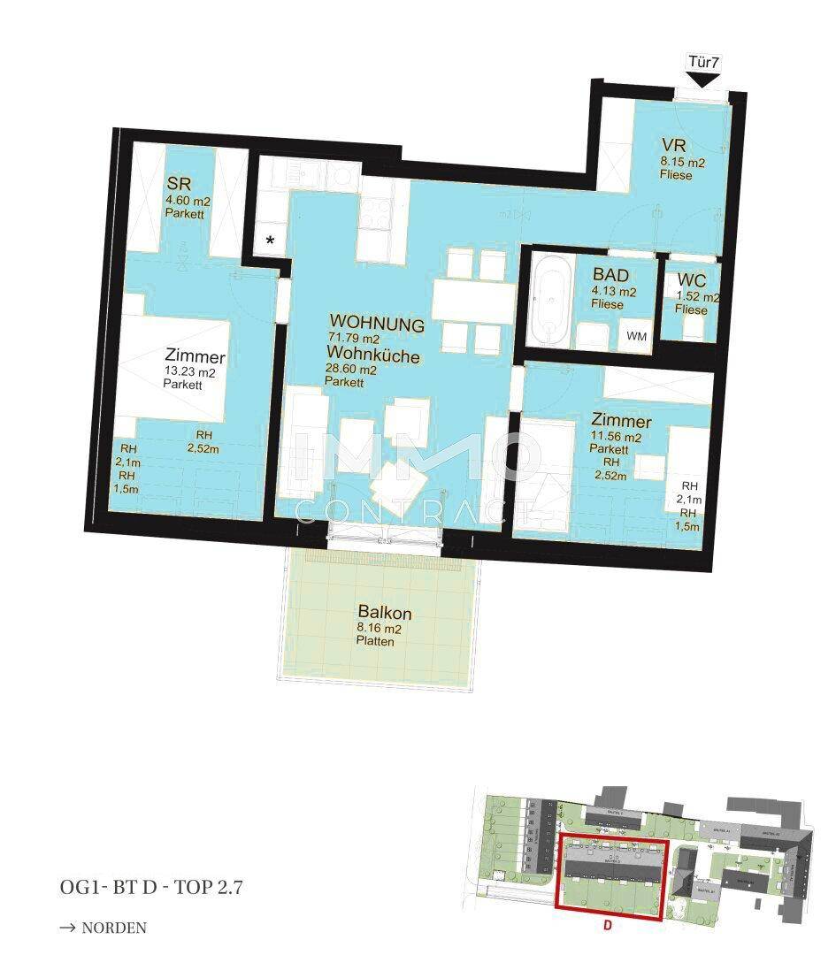 Grundriss einer Wohnung mit Wohnküche, zwei Zimmern und Balkon, Gesamtfläche 71,79 m².
