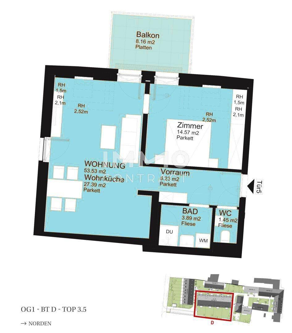Grundriss einer Wohnung mit Balkon, Wohnküche und separatem WC.