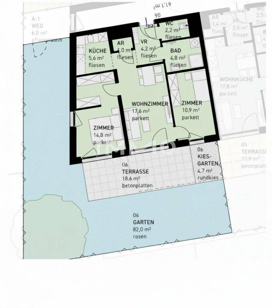 Grundriss einer Wohnung mit Terrasse, Garten und separatem WC.