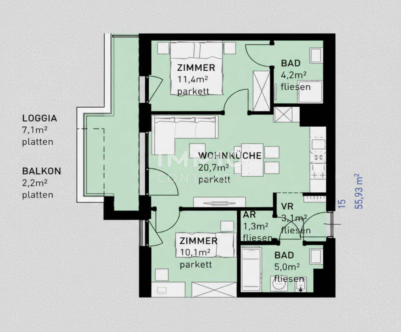 Grundriss einer Wohnung mit zwei Zimmern, Wohnküche, zwei Bädern, Loggia und Balkon.