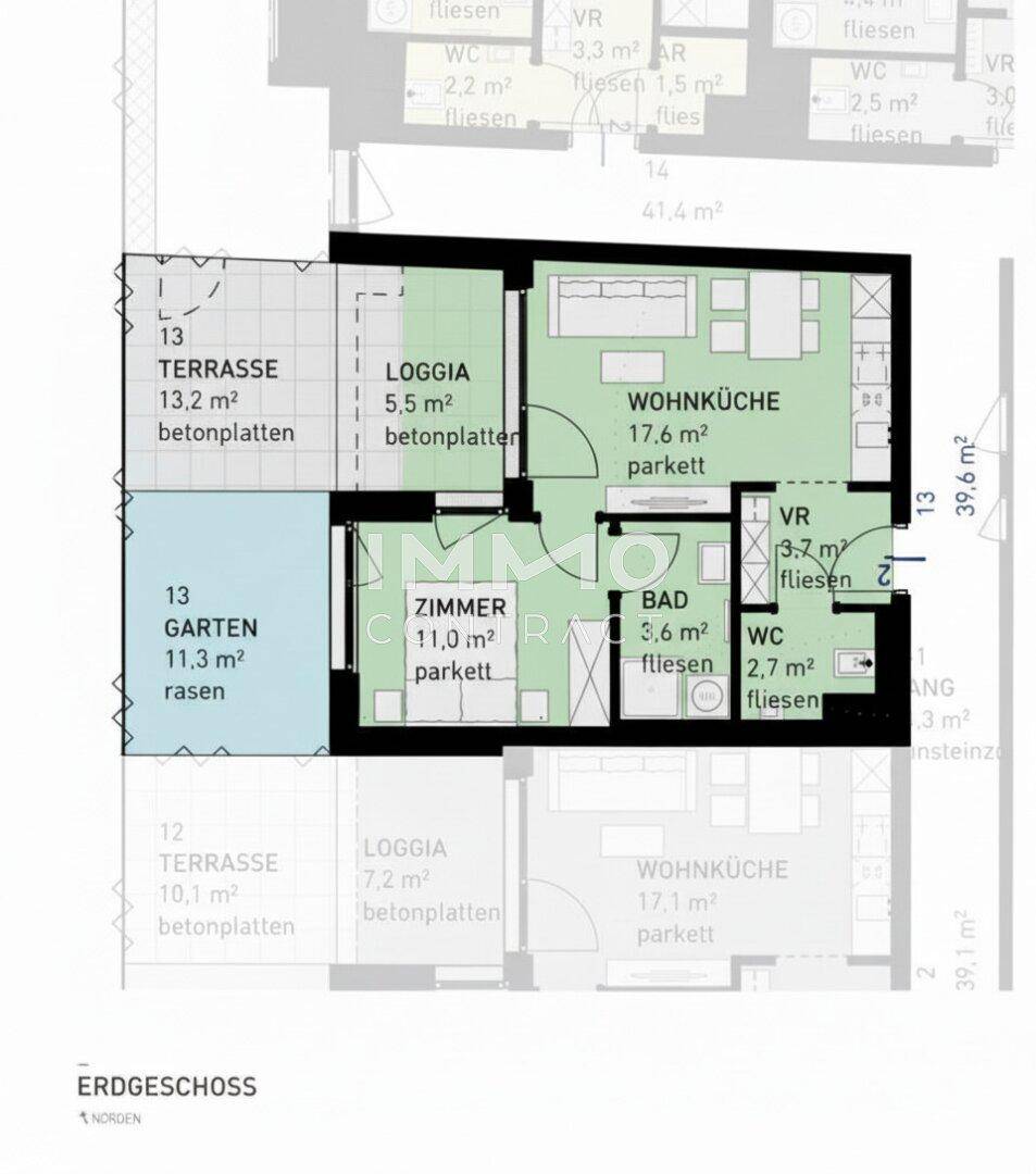 Grundriss des Erdgeschosses mit Wohnküche, Bad, WC, Zimmer, Terrasse, Loggia und Garten.