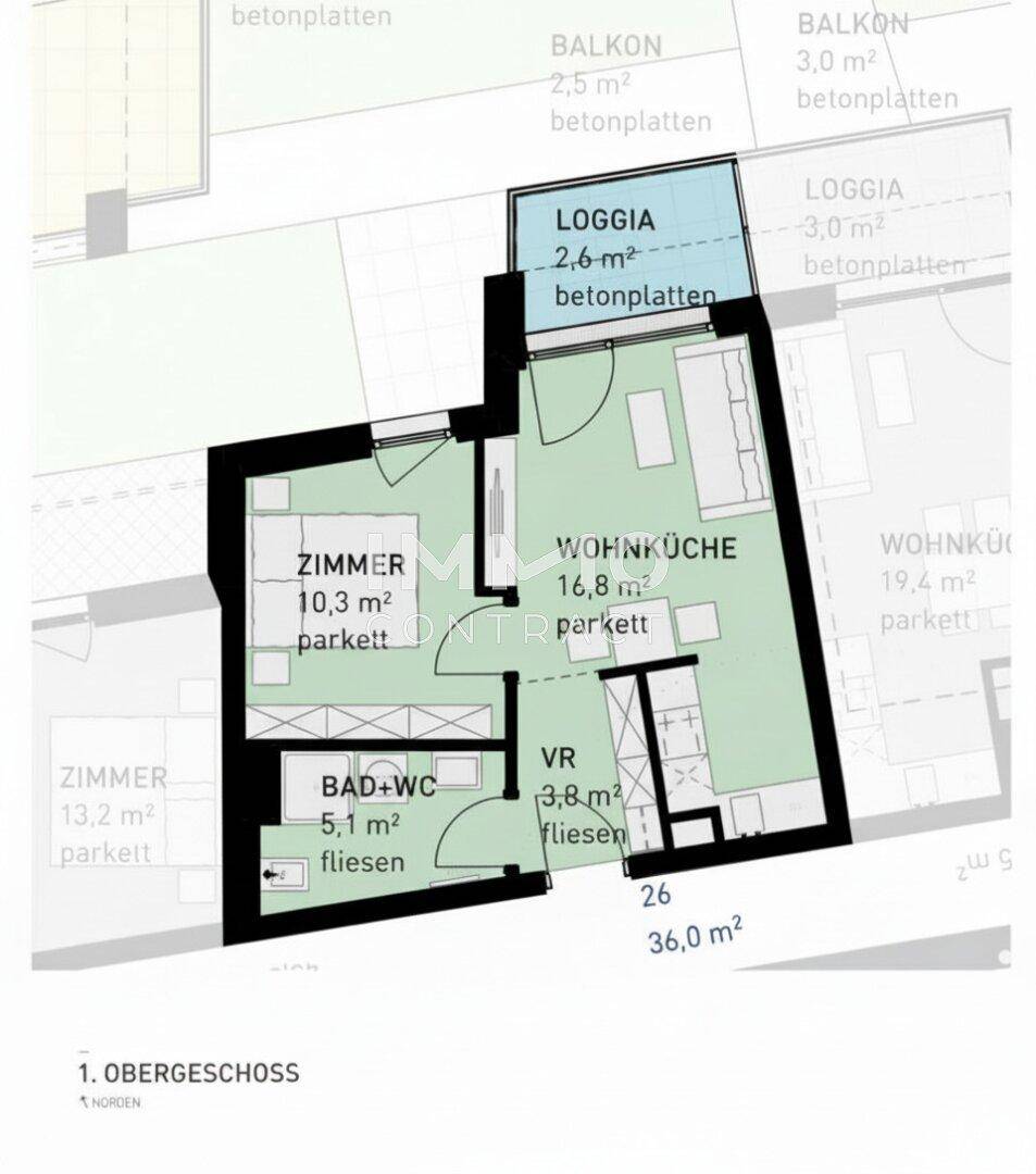 Grundriss des Obergeschosses mit Wohnküche, Schlafzimmer, Bad und Loggia.