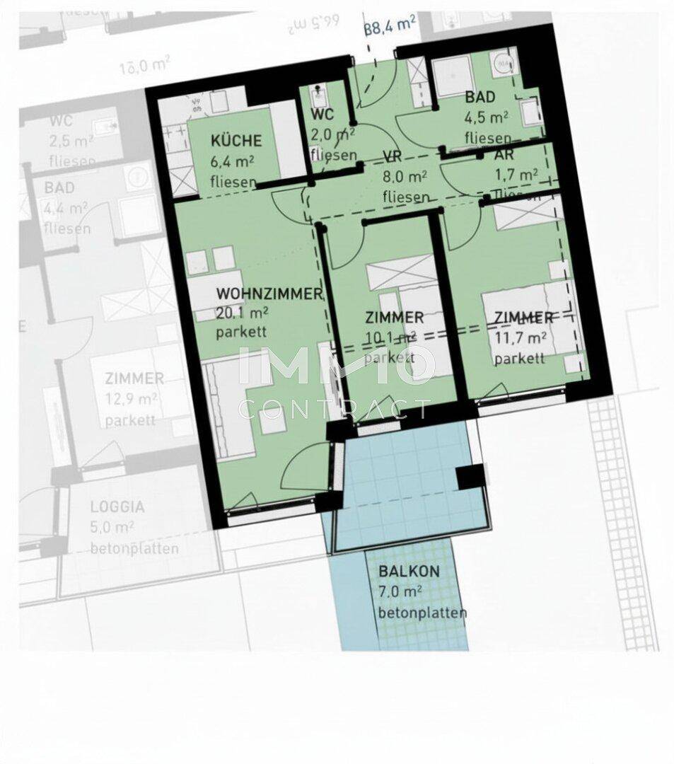 Grundriss einer Wohnung mit Wohnzimmer, Küche, zwei Zimmern, Bad, WC und Balkon.