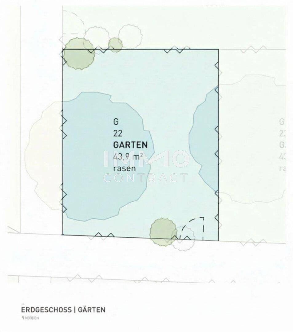 Grundriss des Erdgeschossgartens mit einer Fläche von 43,9 m² und Rasenfläche.