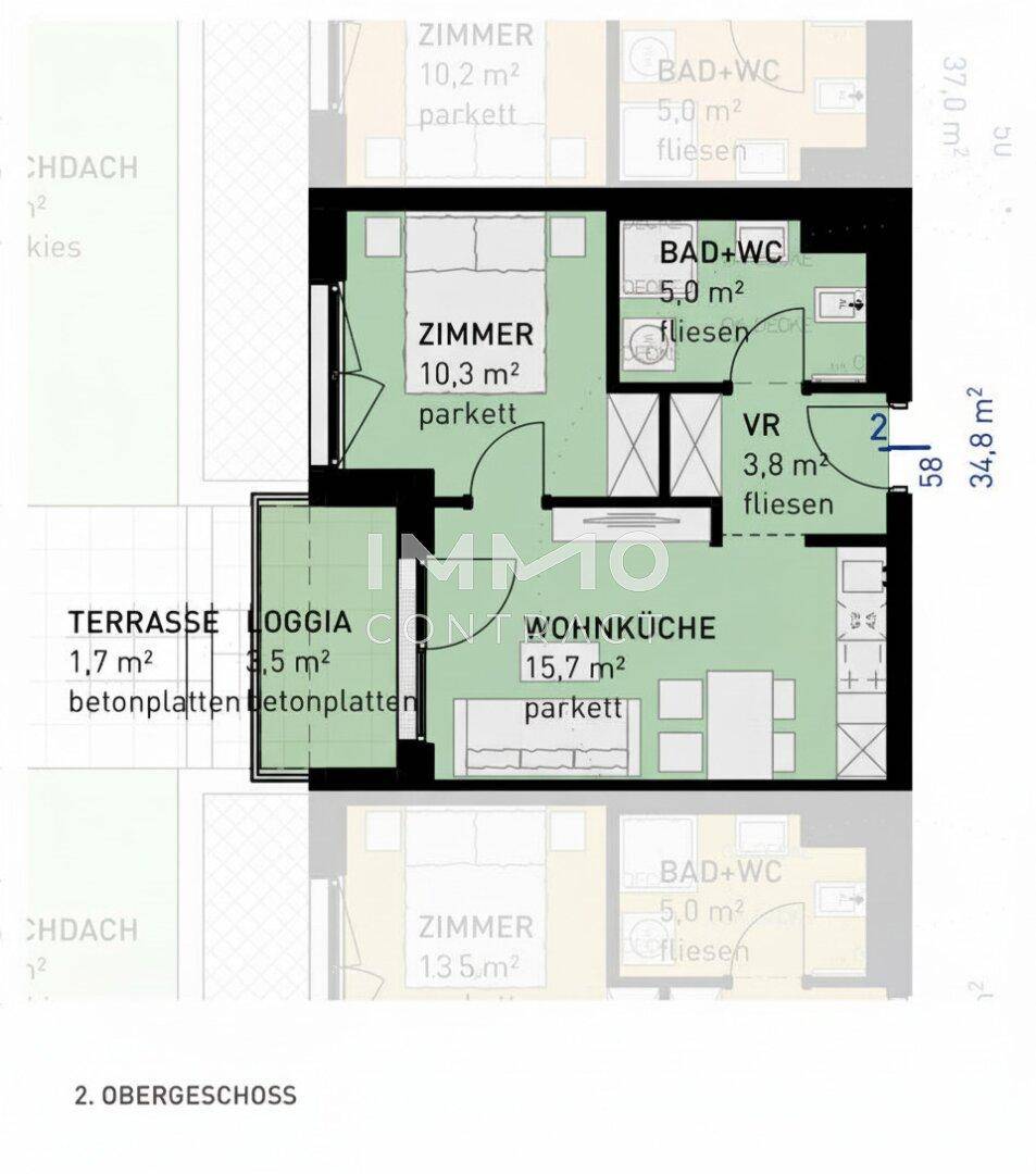 Grundriss des 2. Obergeschosses mit Wohnküche, Schlafzimmer und Loggia.