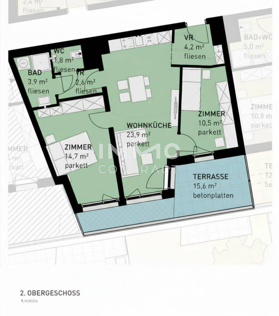 Grundriss einer Wohnung im 2. Obergeschoss mit Wohnküche, Zimmern und Terrasse.