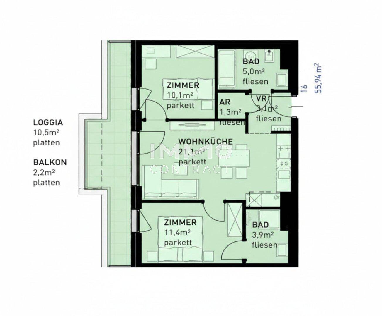 Grundriss einer Wohnung mit zwei Zimmern, Wohnküche, zwei Bädern, Loggia und Balkon.