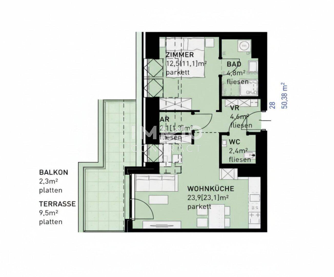 Grundriss einer Wohnung mit einem Zimmer, Wohnküche, Bad, WC, Balkon und Terrasse.