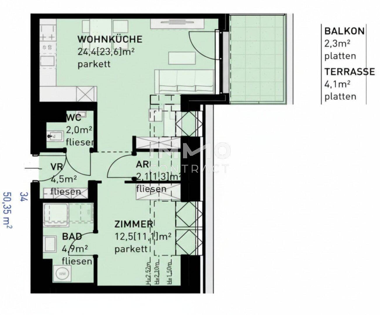 Grundriss einer Wohnung mit Wohnküche, Bad, WC und Balkon/Terrasse.