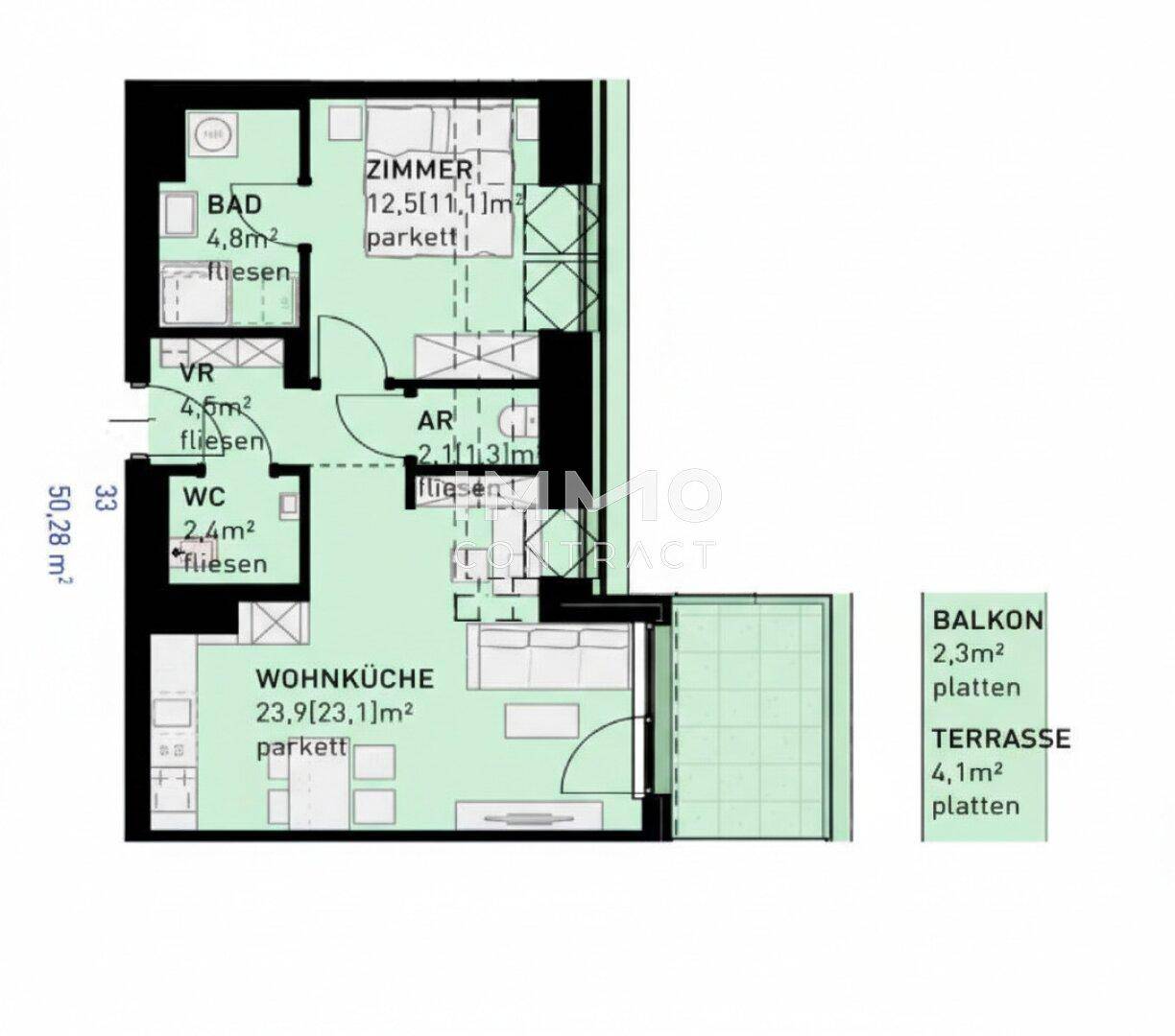 Detaillierter Grundriss einer Wohnung mit Wohnküche, Bad, WC und Balkon/Terrasse.