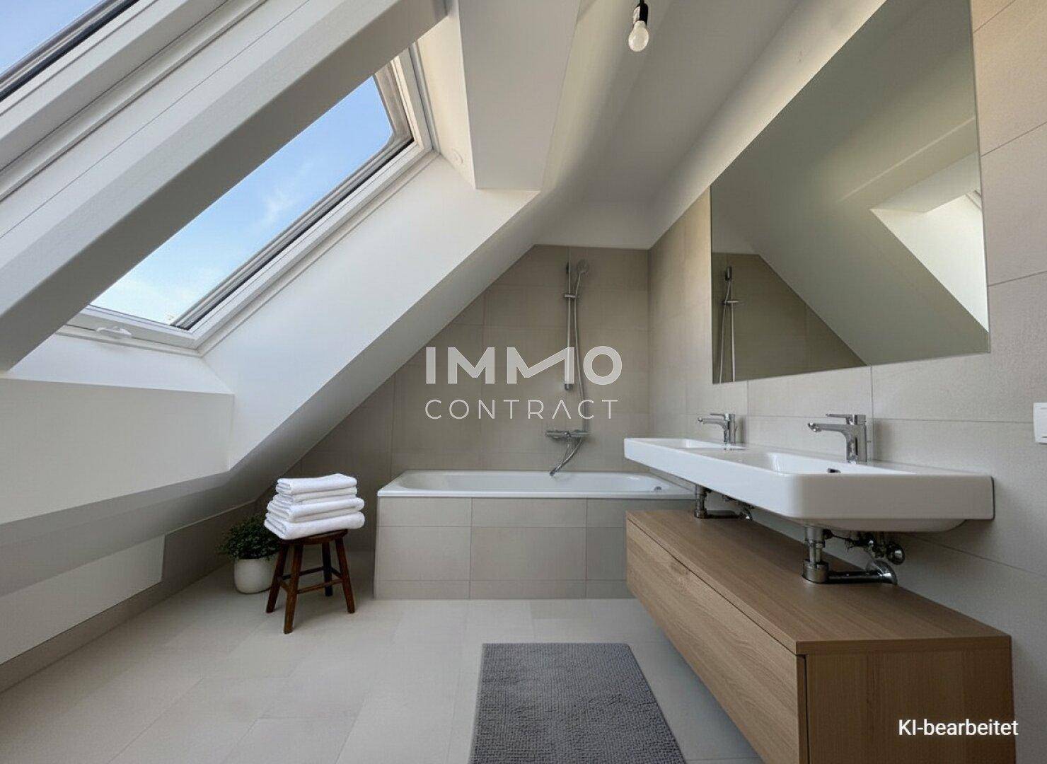 Modernes Badezimmer mit Badewanne, Doppelwaschbecken und großem Dachfenster unter Schrägdach.