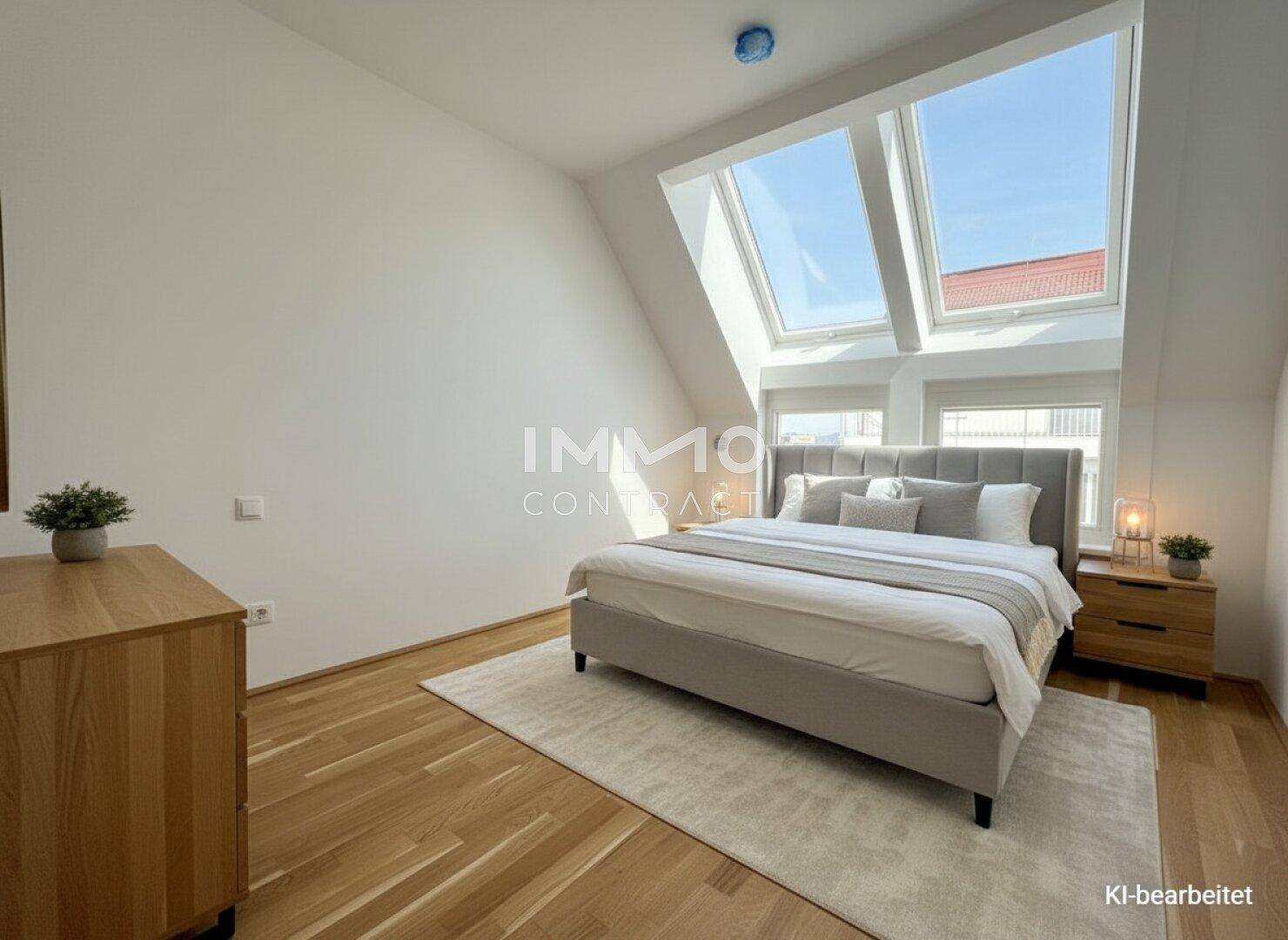 Geräumiges Schlafzimmer mit Holzboden, großen Dachfenstern und viel Tageslicht unter Schrägdach.