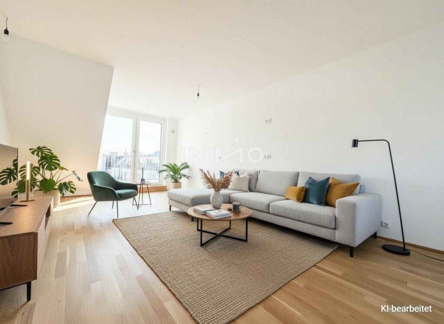Helles Wohnzimmer mit modernem Sofa, Holzboden und großem Fenster mit Ausblick ins Grüne.