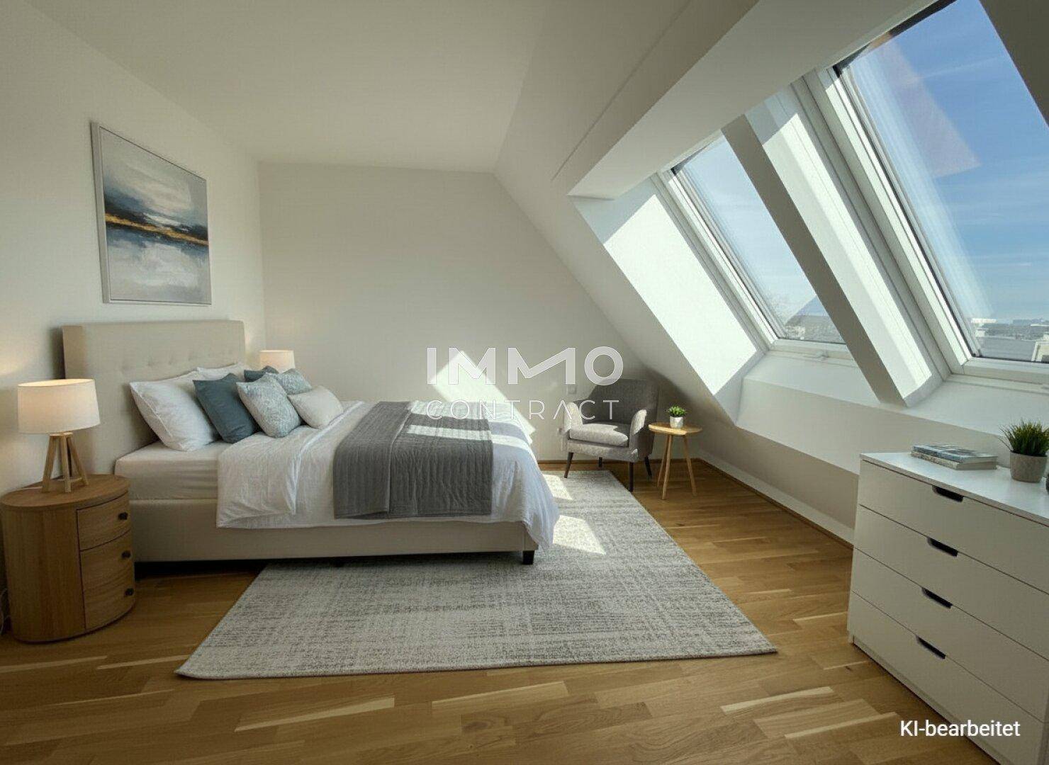 Helles Schlafzimmer mit Holzboden, großen Dachfenstern und viel Tageslicht unter Schrägdach.
