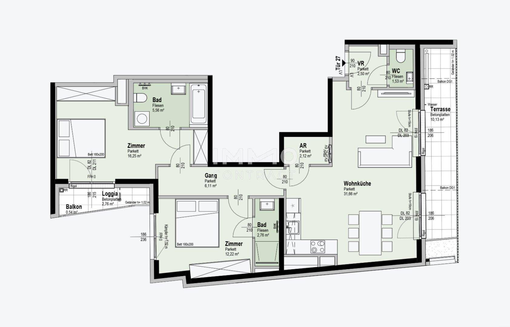 Detaillierter Grundriss einer Wohnung mit mehreren Zimmern, Bädern und einer Terrasse.