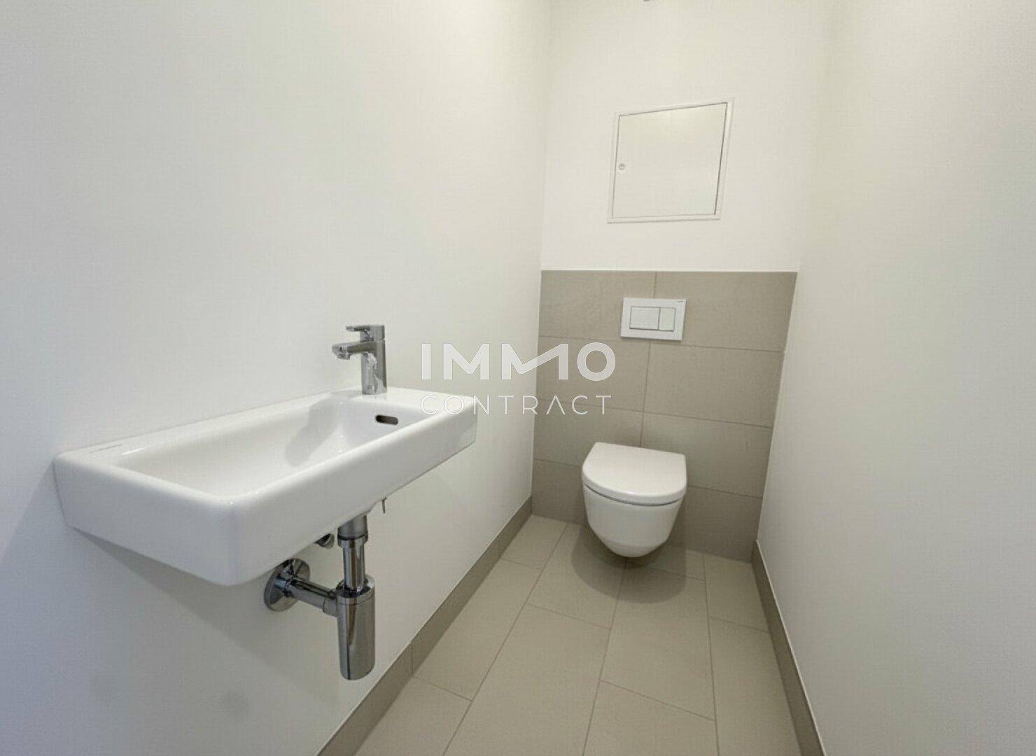 Separates Gäste-WC mit wandhängender Toilette und modernem Waschbecken.