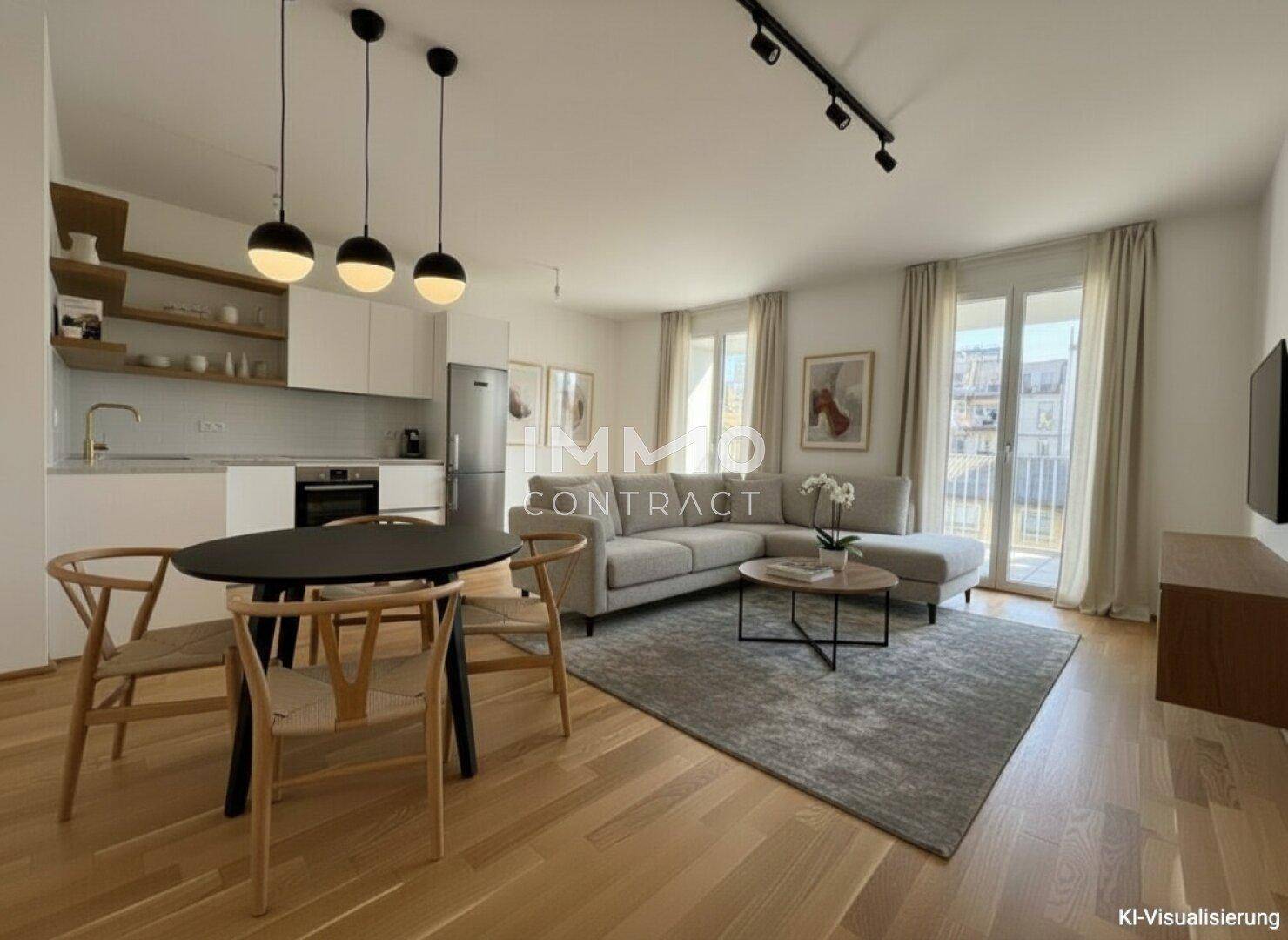 Heller offener Wohn-Essbereich mit moderner Küche, Holzboden und Zugang zum Balkon.
