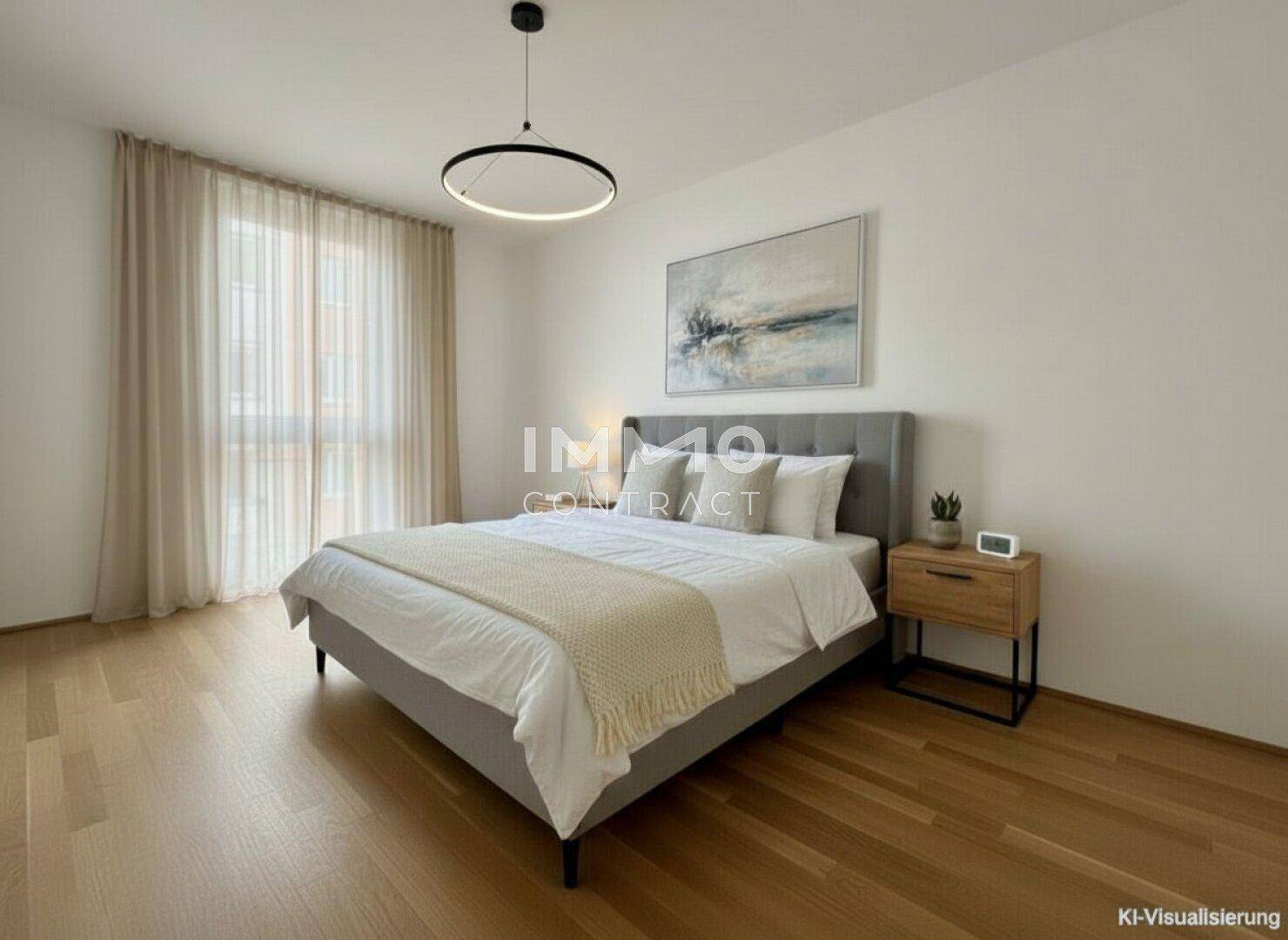 Modern eingerichtetes Schlafzimmer mit Doppelbett, Holzboden und großen Fenstern.